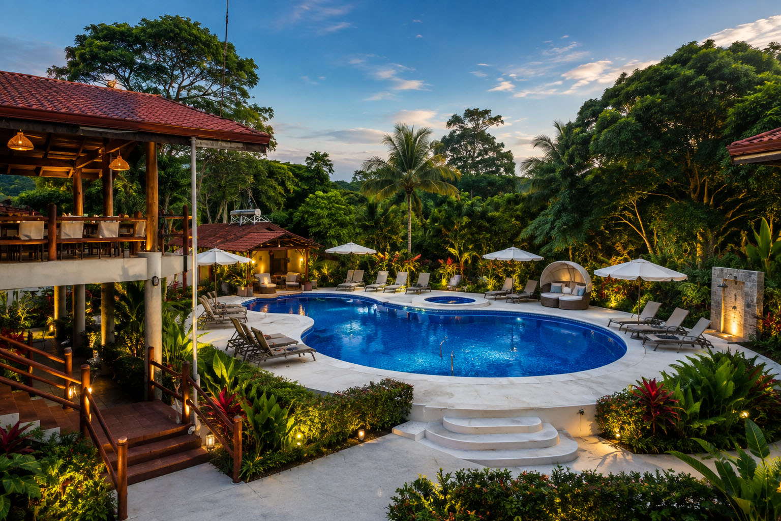 Blue Morpho pool terrace and gardens glowing at dusk