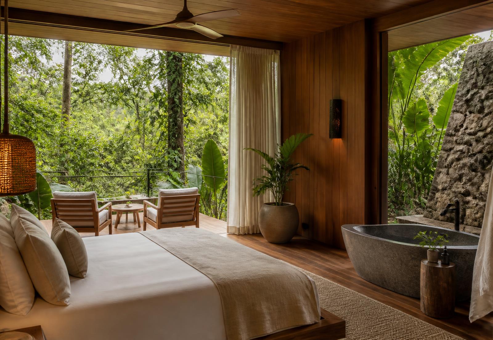 Teak and stone rainforest suite opening onto the jungle canopy