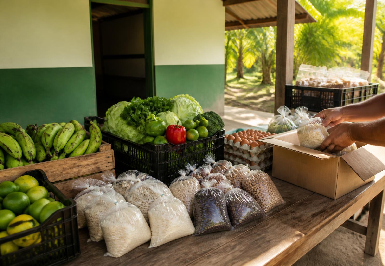 Locally purchased staples and fresh produce being packed into family food boxes
